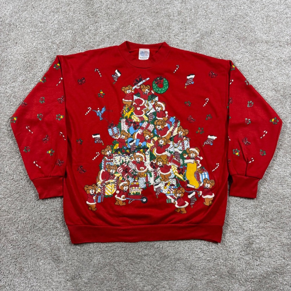 Vintage Land n Sea Christmas Teddy Bear Present Tree Sweatshirt Red Medium USA
